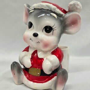 Vintage Japan Christmas Santa Mouse 6" Ceramic Planter Candy Dish Hat Kitschy
